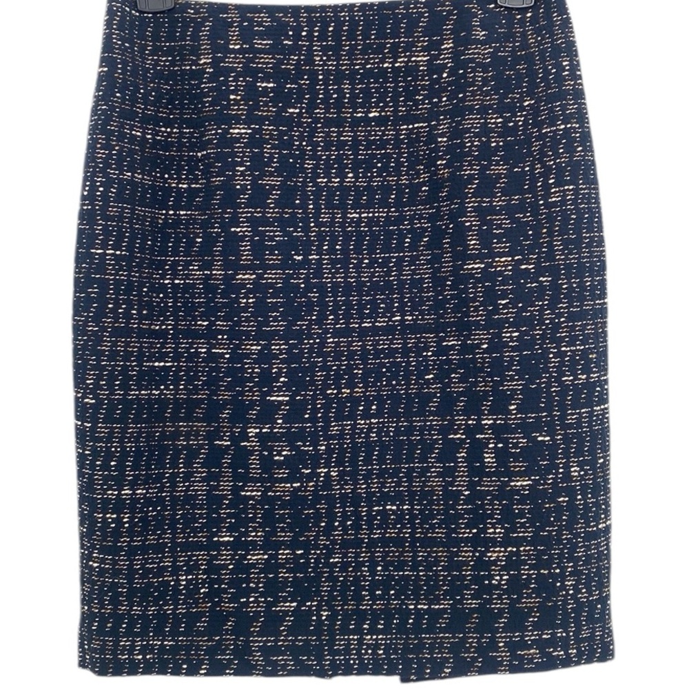 T Tahari Navy Brown Cream Cotton Polyester Embroidered Work Wear Skirt US 2